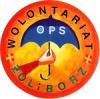 Logo wolonataritu OPS Żoliborz. W tle niebieska rozłożona parasolka na pomarańczowym tle.